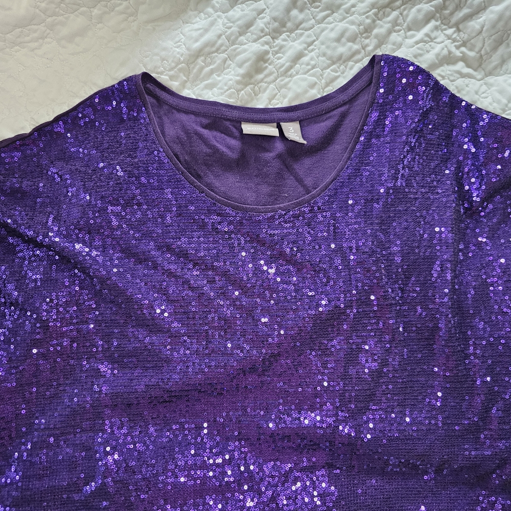 Chico's Purple Sequin Scoop Neck Top Sz 3 XL - Picture 3 of 7